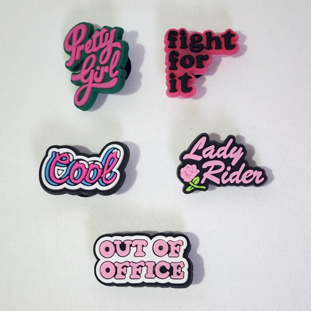 Pretty Girl Lady Rider Cool Fight For It Set of 5 Fun Shoe Charms Crocs Jibbitz